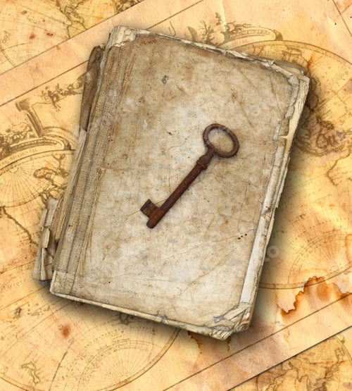 Preview: Tattered book and old rusty key on the old maps