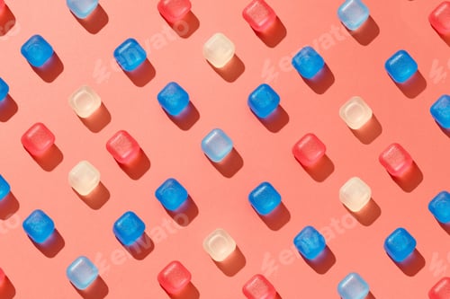 Preview: Colorful ice plastic cubes with shadows in a diagonal rows on a background in a color of the year