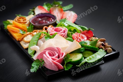 Preview: Antipasto platter cold sliced ham, salami, crackers, strawberries, vegetables and cheese platter