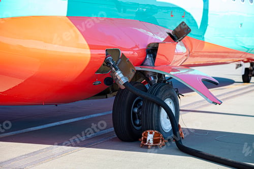 Preview: Refueling the plane. Filling tank and gun. Fuel supply through a hose. Weel.