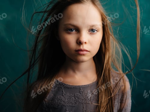 Visualização: garotinha, aparência atraente, vista recortada, fundo verde