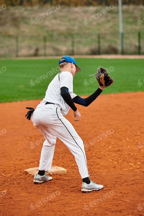 Preview: Dynamic teenage boy showcasing skills on the baseball field during practice