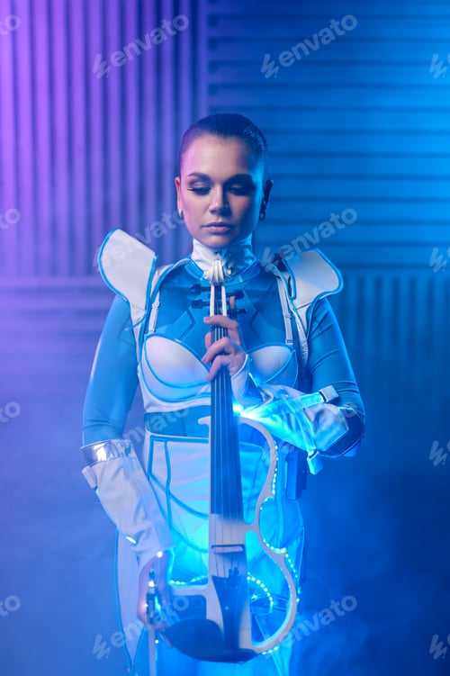 Preview: Beautiful young woman posing with original electric violin
