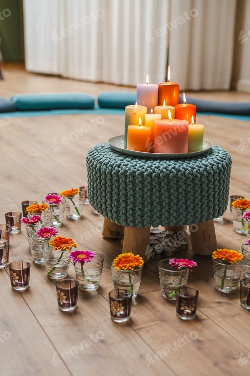 Preview: Candles and Flowers in Yoga Studio for Meditation