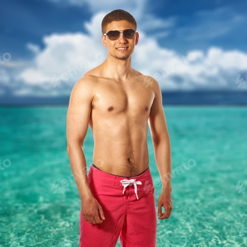 Preview: Man On Tropical Maldivian Beach. Collage.