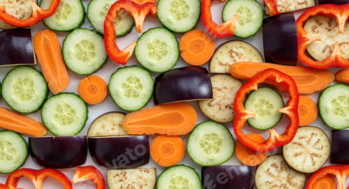 Preview: Overhead view fresh vegetable slices background healthy food pattern texture.