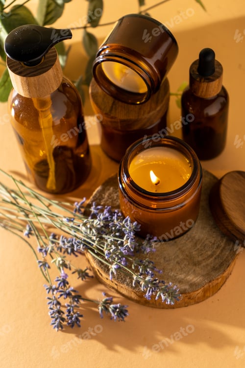 Preview: Soy candles in a glass jar. Aromatherapy. Burning candle and lavender.