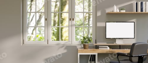 Preview: Minimal white home office with computer mockup on wood table, window with nature view