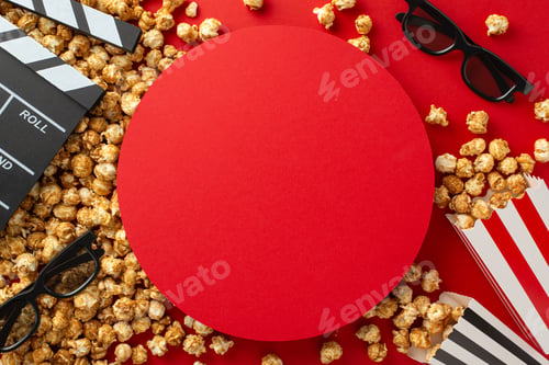 Preview: Silver Screen Magic: Overhead shot of popcorn, 3D glasses, and a clapperboard on red backdrop