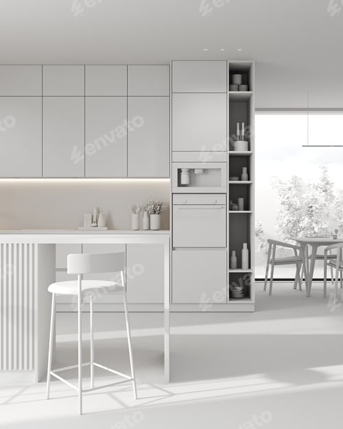 Preview: Modern white and grey kitchen concept interior, 3d rendering