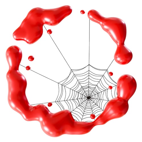 Preview: Vivid red blood splashes and spider with a web, isolated on white background