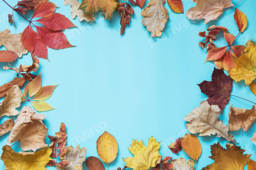 Preview: Fallen colorful leaves and copy space on punchy blue. Top view. Autumn frame.