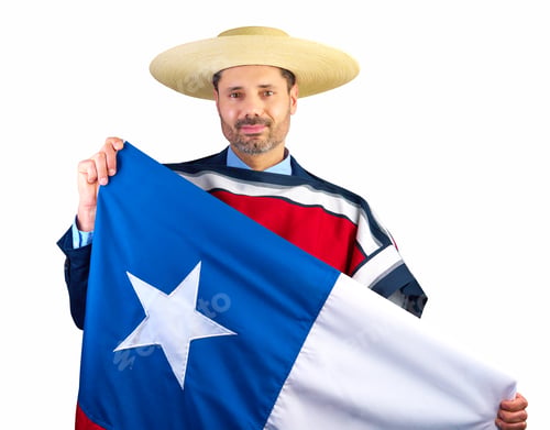 Preview: Man dressed in traditional huaso costume holds and displays Chilean flag