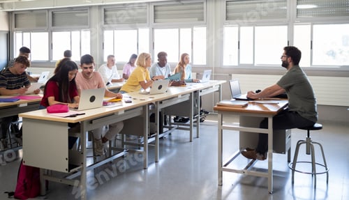 Preview: Group of diverse teenage students and a male teacher in class with laptop. highschool back to school