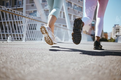 Preview: Fitness, running and shoes of women training for sports workout on bridge for health, wellness and
