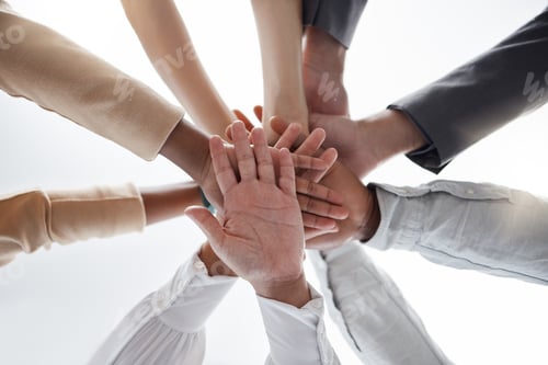 Preview: Hands together, teamwork and collaboration support of staff showing trust, success and community. T