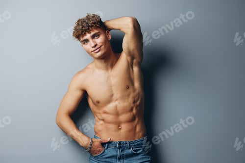 Preview: man athletic person sport studio background strong adult abs curly standing