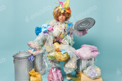Preview: Annoyed curly haired female points index finger and blames you in causing pollution collects garbage