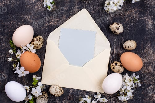 Preview: Chicken and quail eggs with blooming branch
