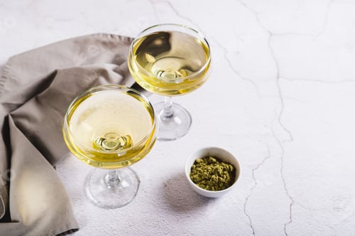 Preview: Refreshing green matcha martini in glasses on the table