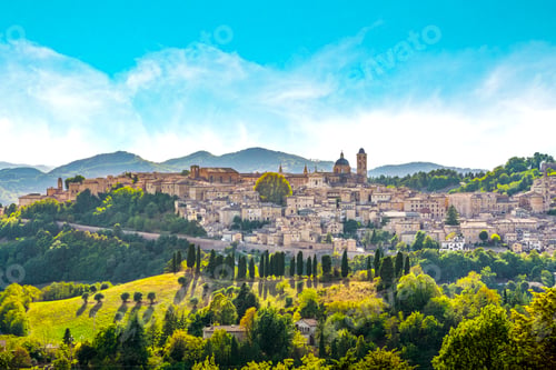 Preview: Urbino city skyline and countryside landscape. Marche region, Italy