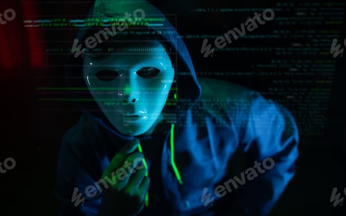Preview: Anonymous hacker wearing a mask and hoodie interacting with digital data