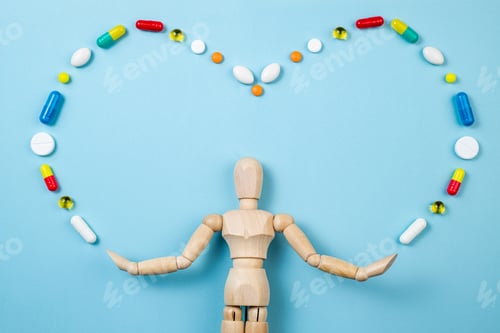 Preview: Figure of human and pharmaceutical medicine pills, tablets on blue background