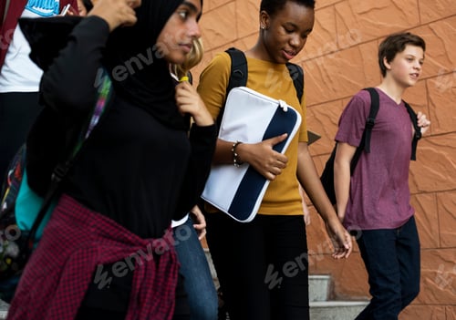 Preview: Group of school friends walking down staircase