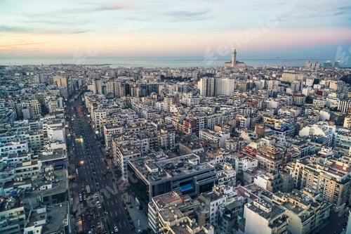 Preview: Cityscape by sunset with Casablanca Grand Moche mosque in Morocco