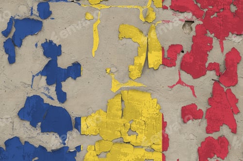 Preview: Romania flag depicted in paint colors on old obsolete messy concrete wall close up