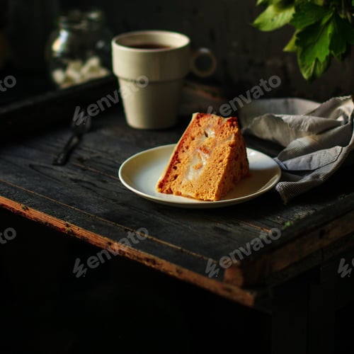 Preview: Cake A Piece, With Cream On A White Plate. Top View. Food Background