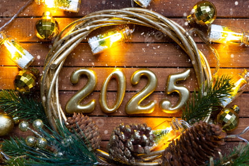 Preview: Happy New Year golden numbers 2025 on cozy festive brown wooden background with sequins, snow, light