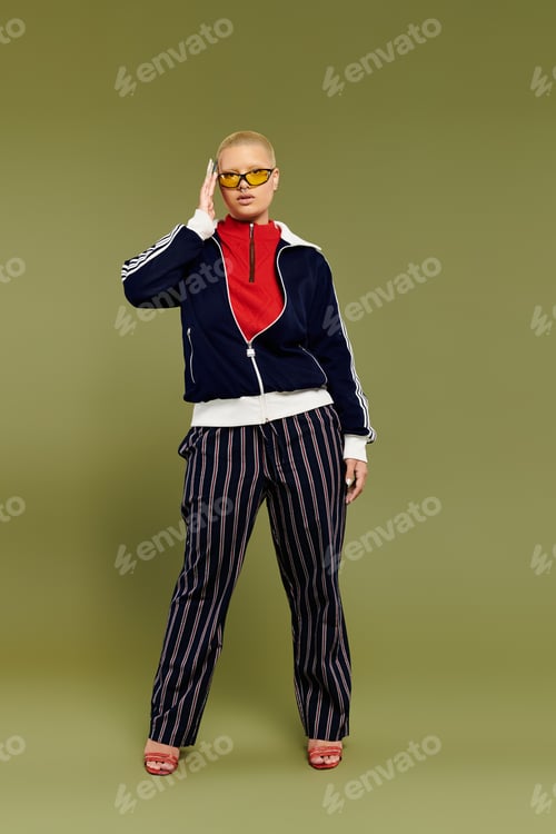 Preview: Vibrant attire on a young bald woman poses gracefully against a lush green backdrop