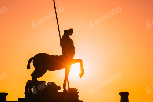 Preview: Pompeii, Italy. Statue Of Centaur On Territory Of Forum On Background Sunset Sunrise Sky
