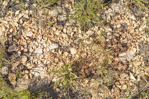 Preview: Crushed Plaster Stone Closeup On The Earth Among A Dark Green Grass For Abstract Natural Backgrounds