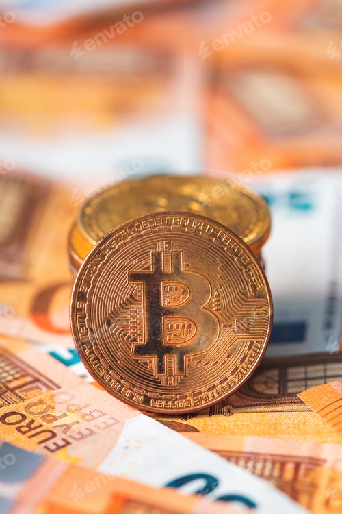 Preview: Bitcoin coins and Euro banknotes