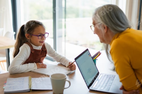 Preview: Small girl with senior grandmother doing homework at home.