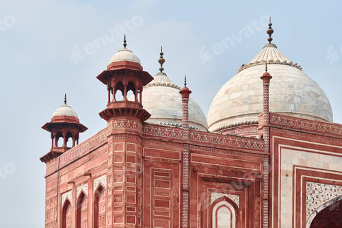 Preview: Close up Jawab Taj Mahal domes white marble mausoleum landmark in Agra, Uttar Pradesh, India