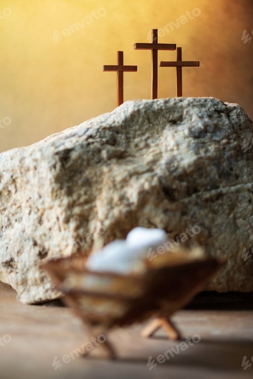 Preview: Wooden manger, three crosses background. Jesus - reason for season. Christian Christmas, Easter