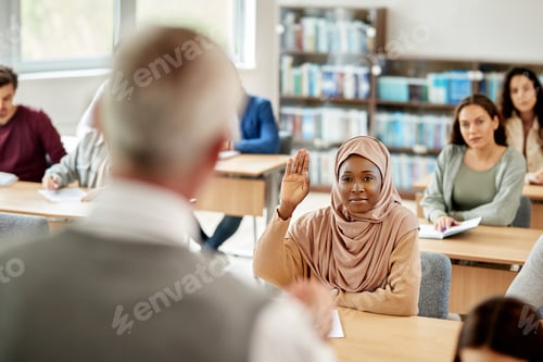 Preview: Smiling Islamic student raising her arm to ask a question during lecture in the classroom.