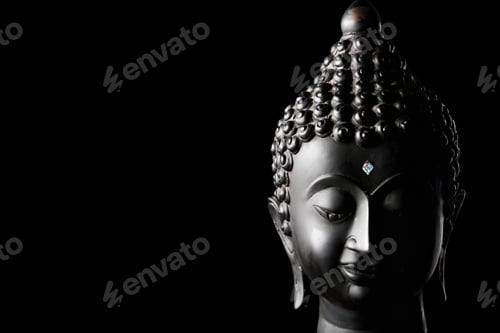 Preview: Buddha statue on black background. Free space for text