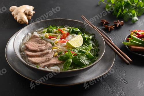 Preview: Pho Bo Soup with beef in bowl on black background. Vietnamese cuisine.