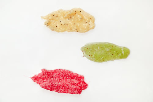 Preview: Three Colorous Cosmetics Scrub Smudges Samples on White background. Top view