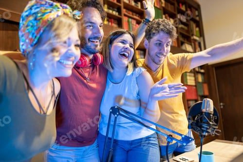 Preview: A group of youtubers greet their audience after live streaming.