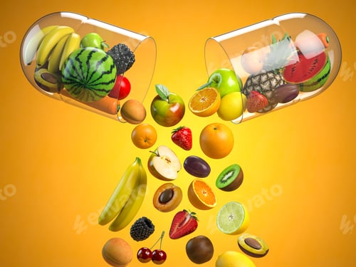 Preview: Different fruits in medical capsule, Vitamin dietary supplement and health nutrition concept.