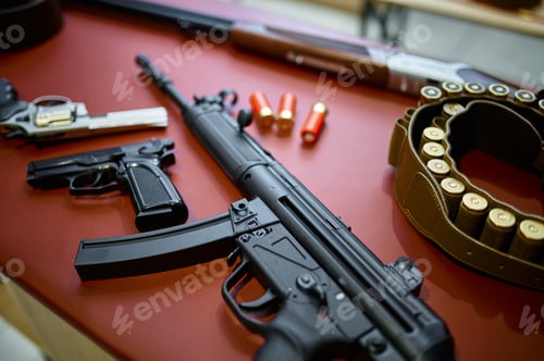 Preview: Automatic rifle and pistols in gun store closeup