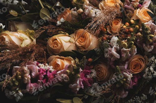 Preview: Closeup shot of a luxurious bouquet of orange and brown roses on a black background