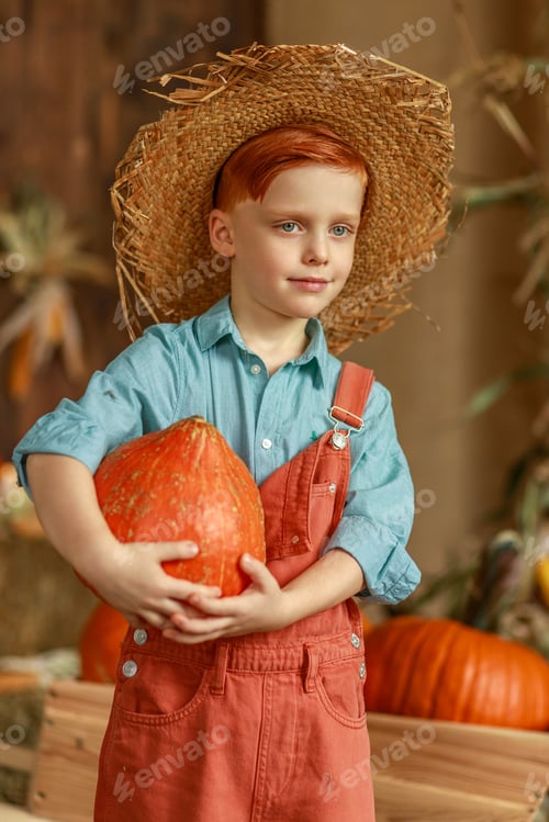 Preview: A boy with red hair, a straw hat, and orange overalls picks pumpkins. Autumn. Harvest.