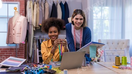 Preview: Fashion designer woman works at tailor shop. Fashion Design Mannequin Measurement Concept