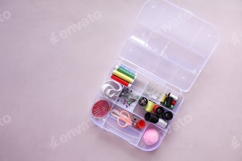 Preview: Tools and accessories for sewing on color background